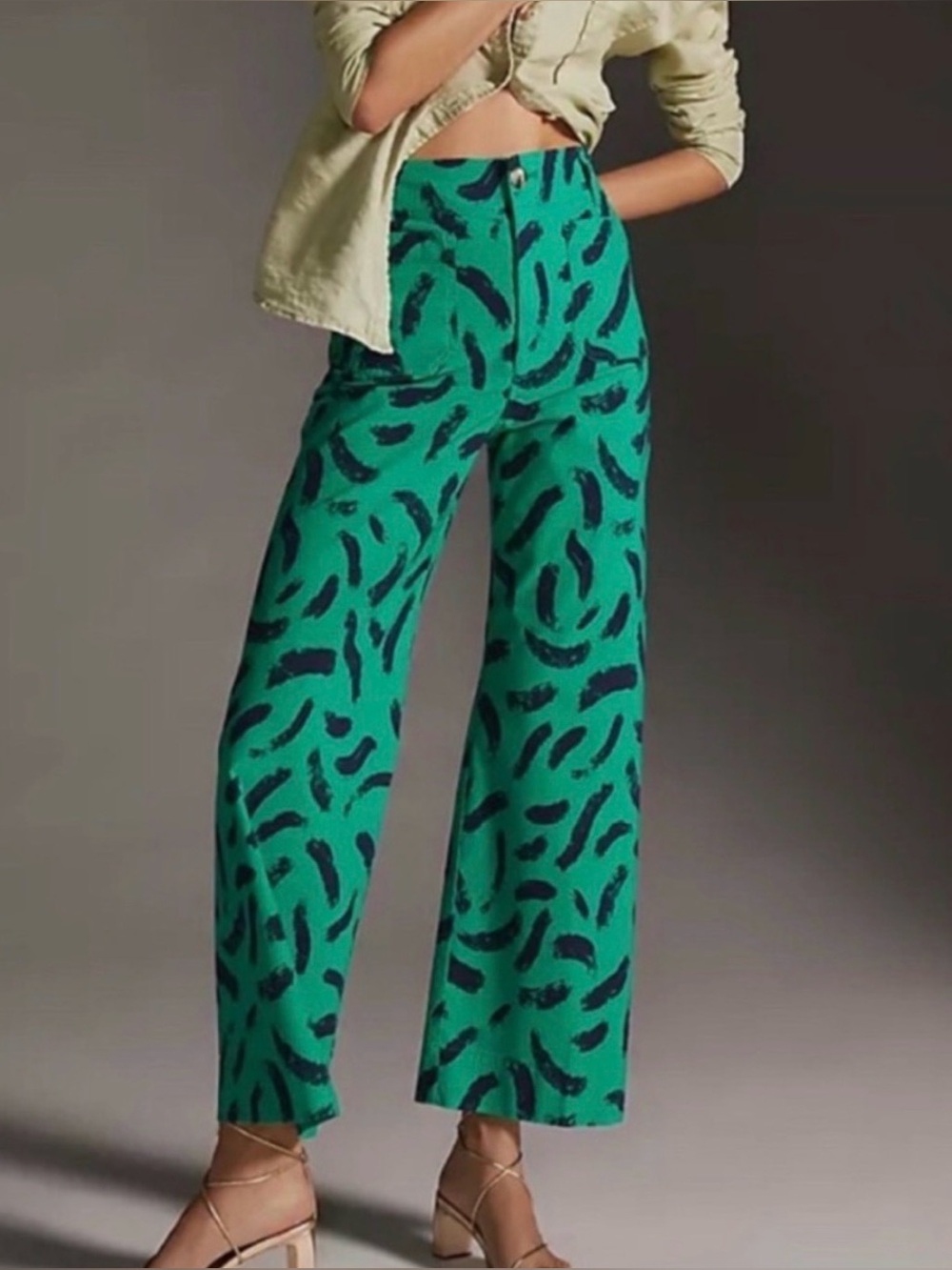 Anthropologie Colette High-Waist Green Print Wide-Leg Pants